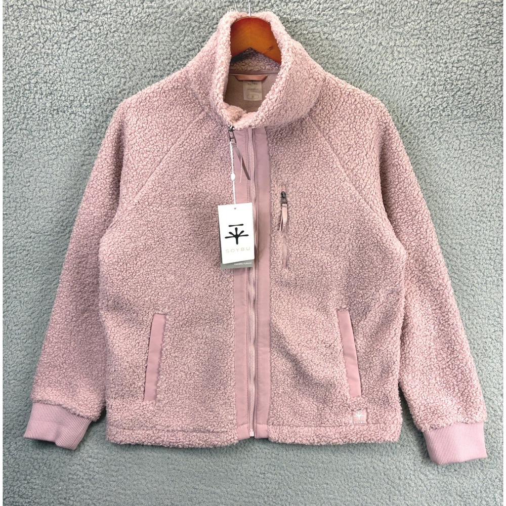 Soybu Sherpa Fleece Jacket Womens S Pink Full Zip High Neck Teddy Cozy NWT